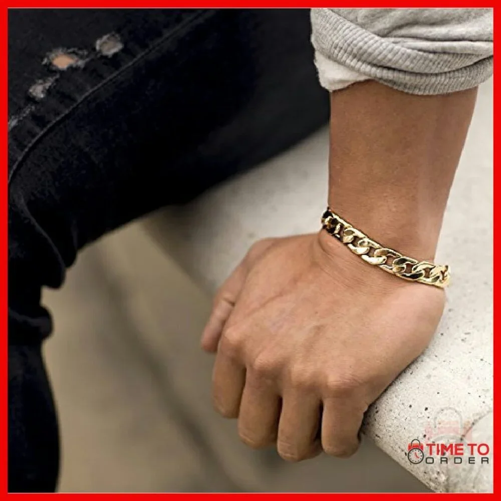 10in 12mm Flat Cuban Link Bracelet 24k Gold Plated Heavy Chain